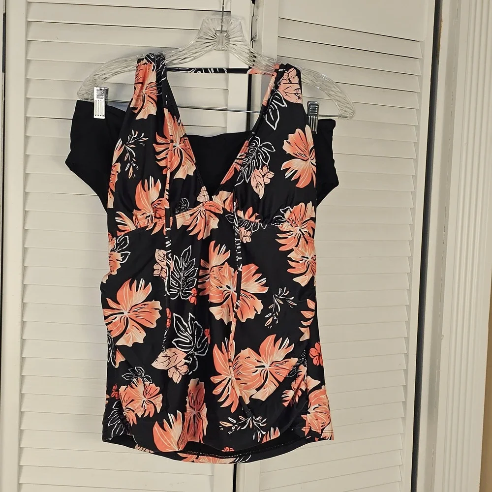 NWT Yonique Womens Black Coral‎ Floral 2pc Tankini Swimsuit XXL